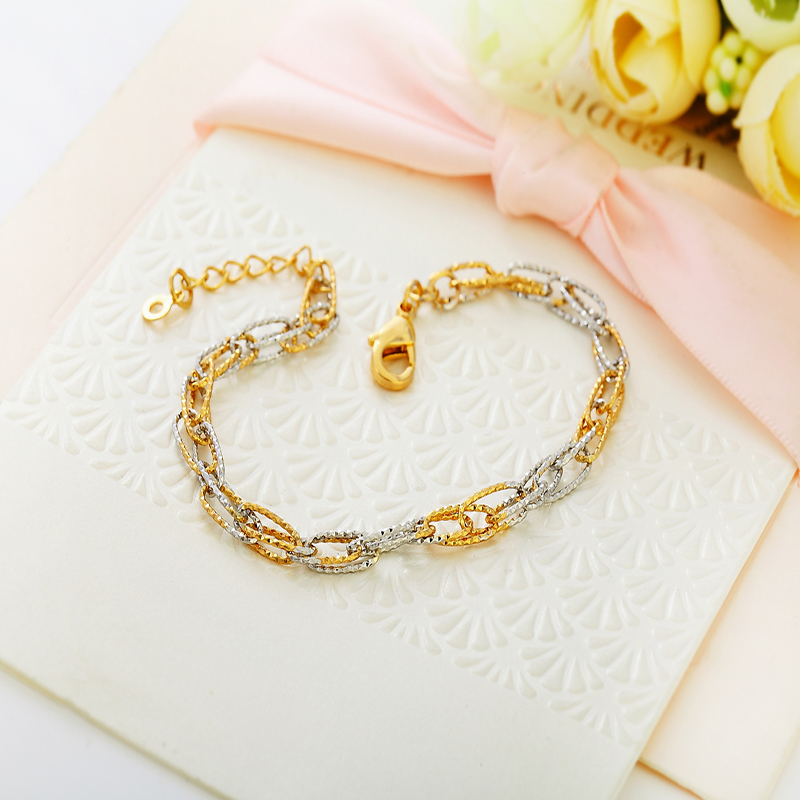 黄金手链女士时尚韩国女款手链磨砂光面环环相扣18K玫瑰金手饰品