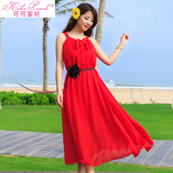 夏季新款无袖雪纺红色仙女长裙 波西米亚沙滩气质露肩显瘦连衣裙