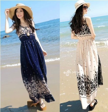 雪纺2015夏海边沙滩裙长款 无袖碎花修身显瘦度假波西米亚长裙女