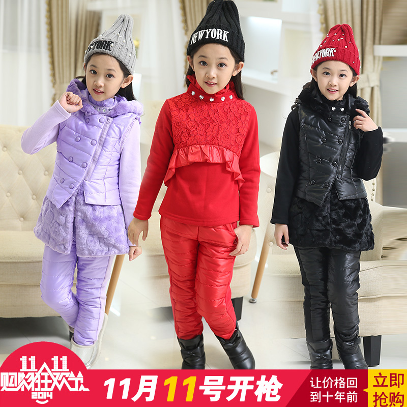 2015新款冬装女童套装 韩版休闲套头时尚舒适加厚保暖童装三件套