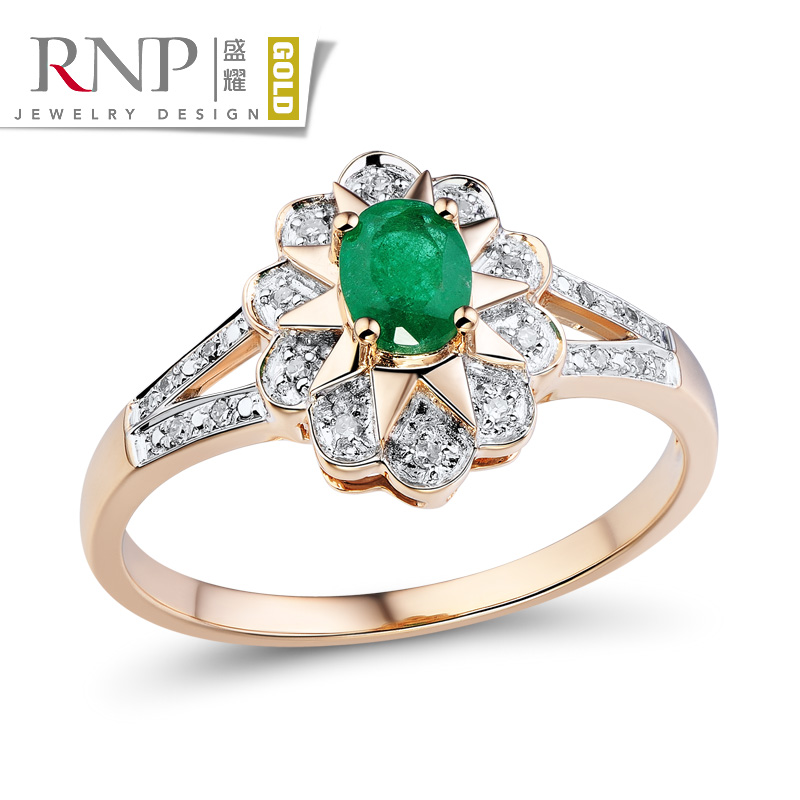 天然绿宝石戒指女 14K玫瑰金祖母绿戒指女款 彩色宝石 钻石指环
