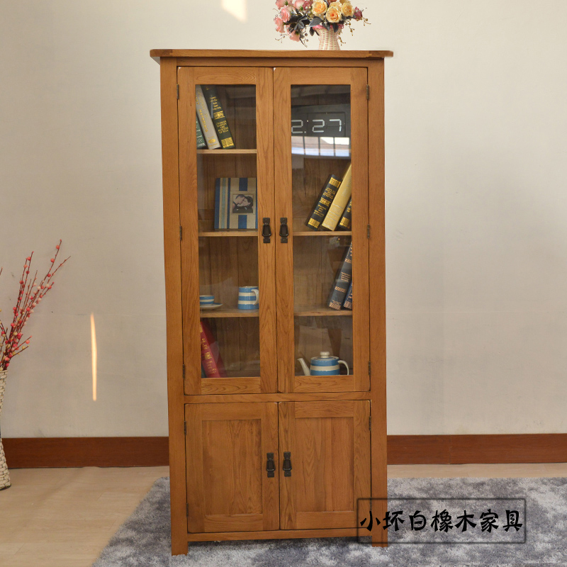 简约全纯实木带玻璃门连体书柜酒柜组合白橡木书橱展示书架置物架