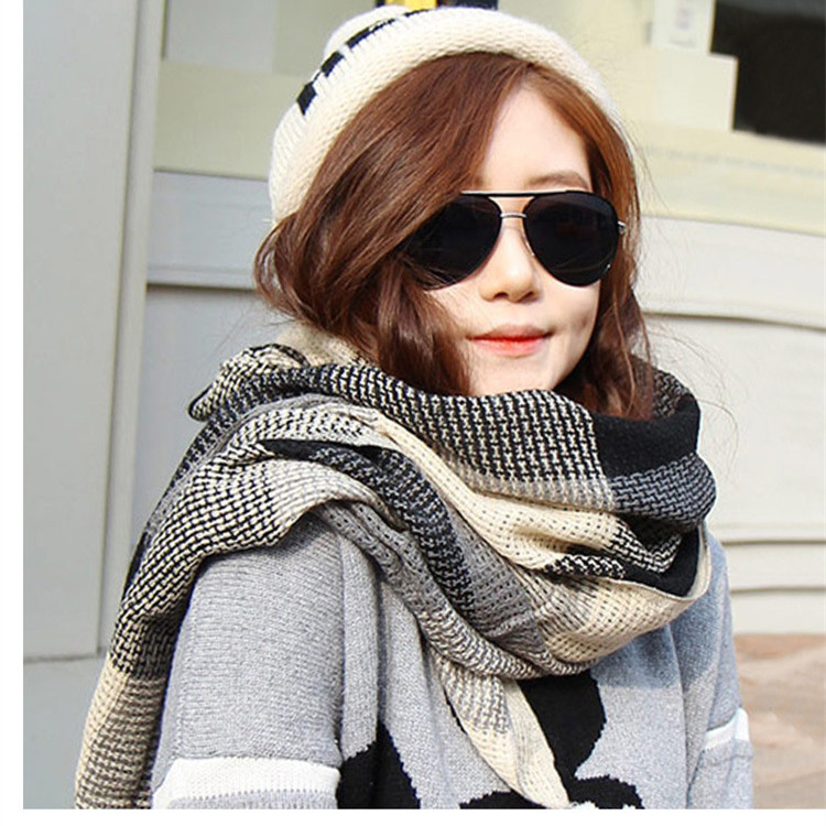 韩国版毛线针织围巾 秋冬季披肩两用超长格子学生围巾围脖女士