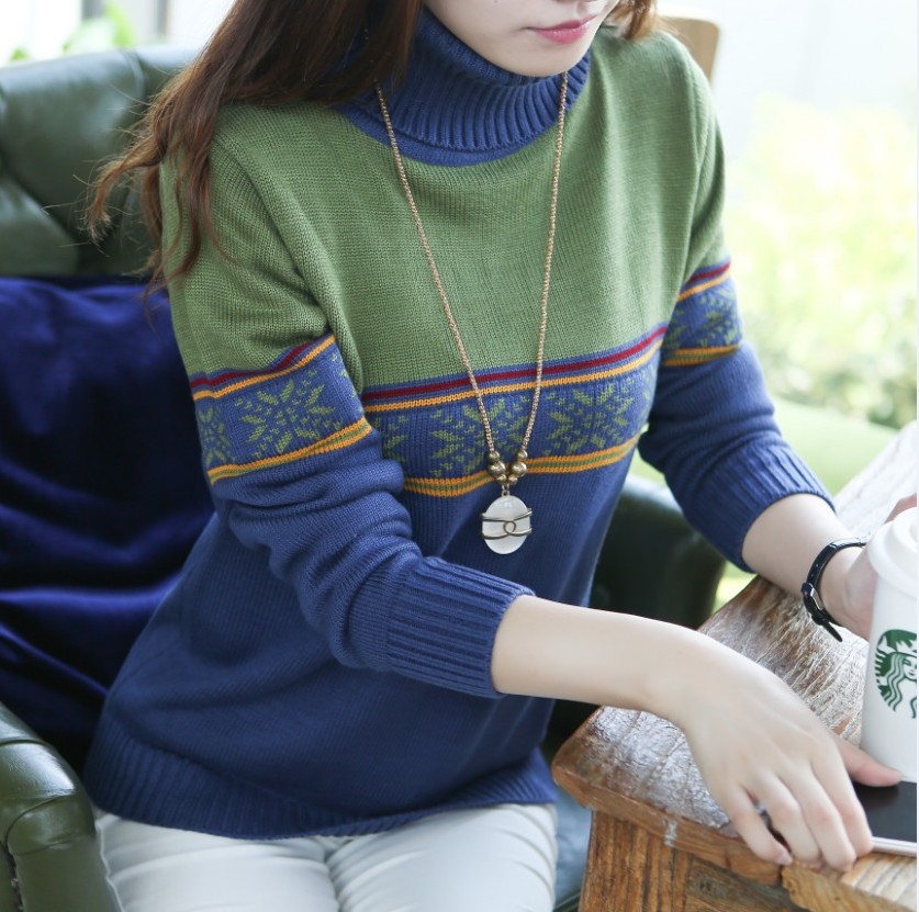 秋冬韩版新款女装高领针织衫条纹双色打底衫翻领绿色提花加厚毛衣