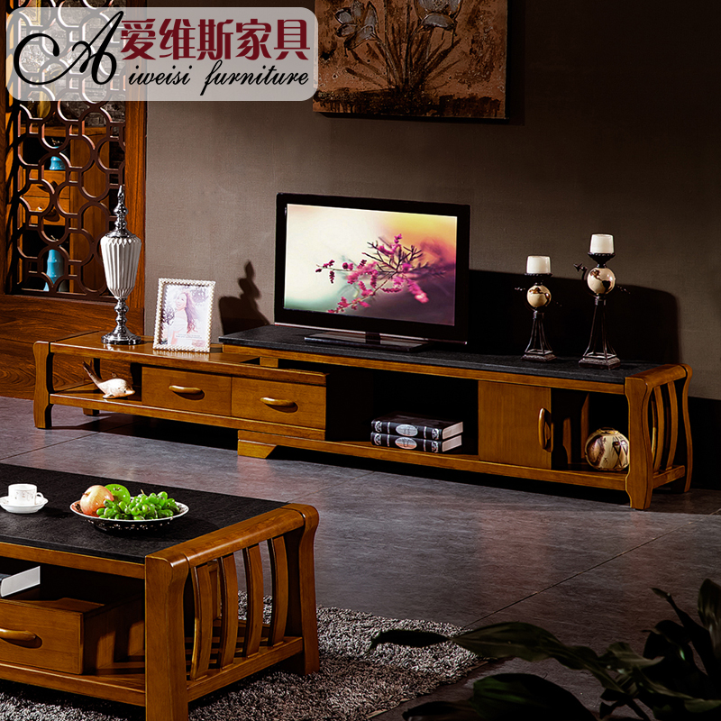 家具预售中式客厅组合实木水曲柳电视柜伸缩实木地柜厅柜中式客厅