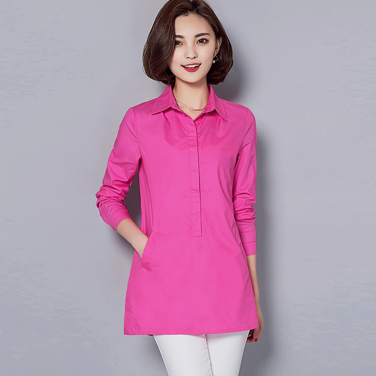 纯色衬衫女长袖秋装新款韩版大码中长款时尚纯棉修身宽松休闲衬衣