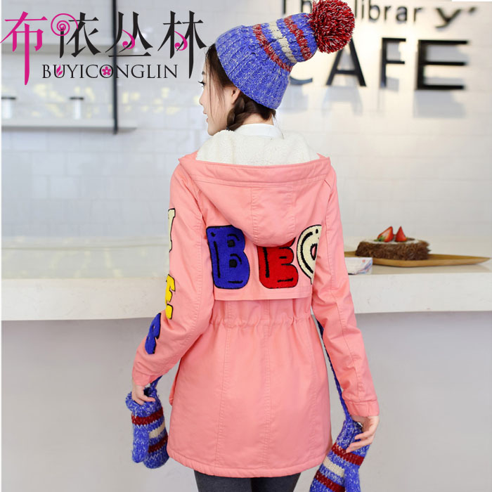 2016韩版冬装女装大学高中学生大字母中长款加绒加厚棉袄外套L36