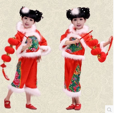 儿童民族舞蹈演出服幼儿圣诞元旦喜庆服 女童汉族秧歌舞表演服装折扣优惠信息