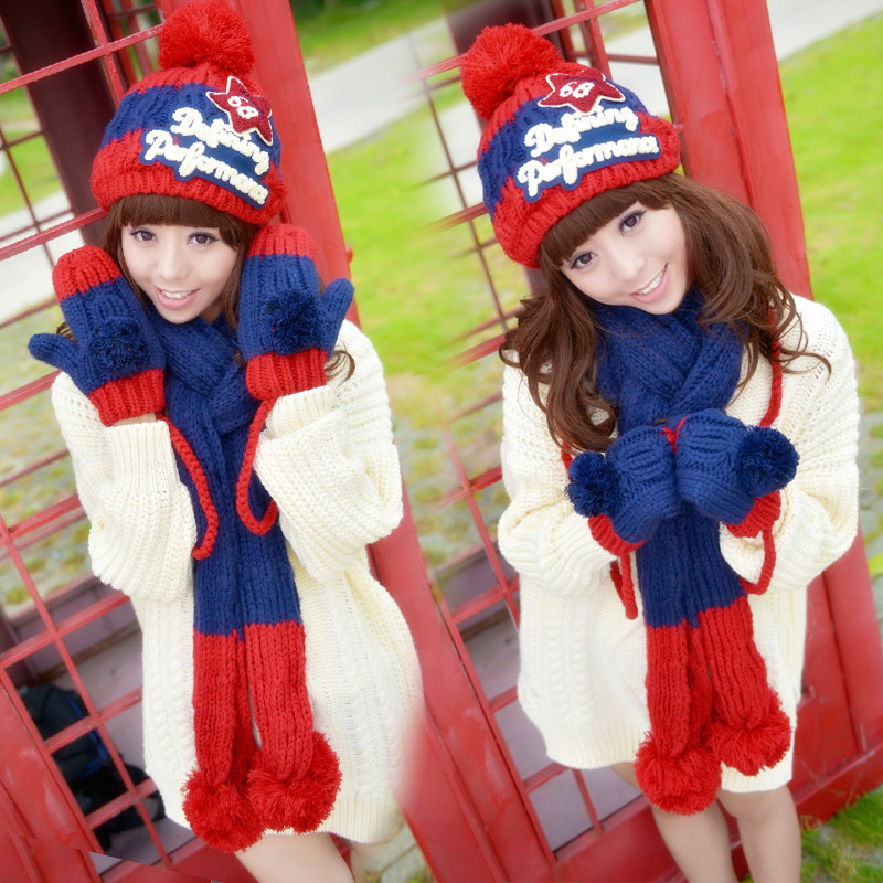 女冬天韩版潮帽子围巾手套三件套装一体保暖毛线帽子圣诞生日礼物