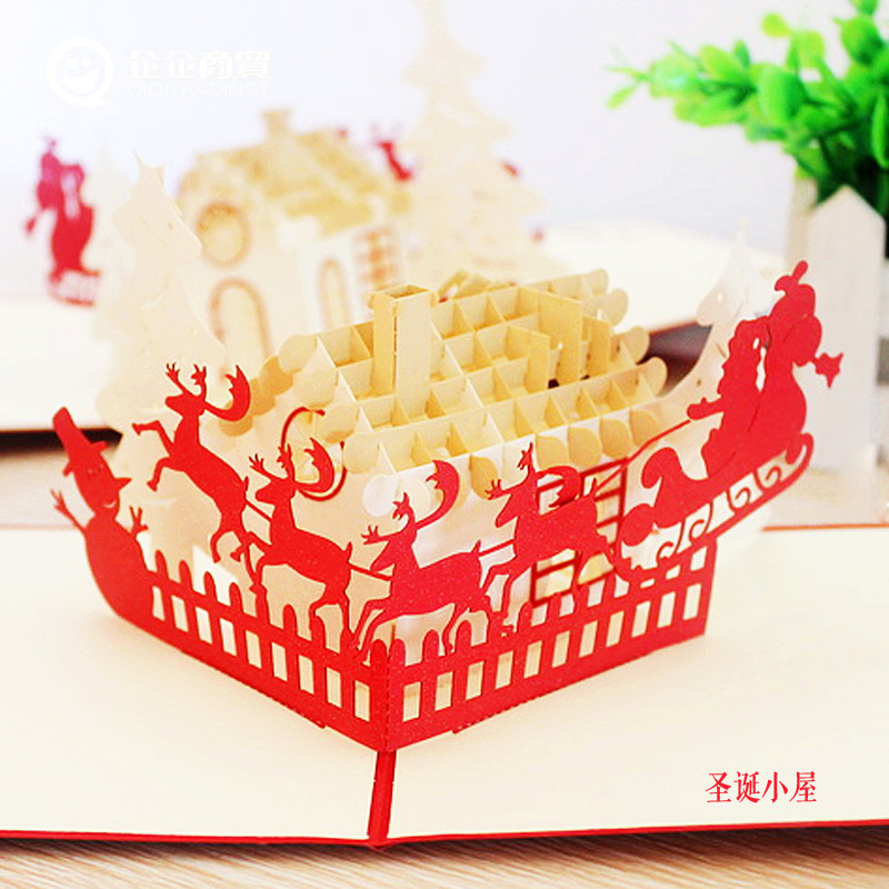圣诞节卡片 3D剪纸圣诞小屋优质立体祝福卡公司客户通用纪念卡片折扣优惠信息