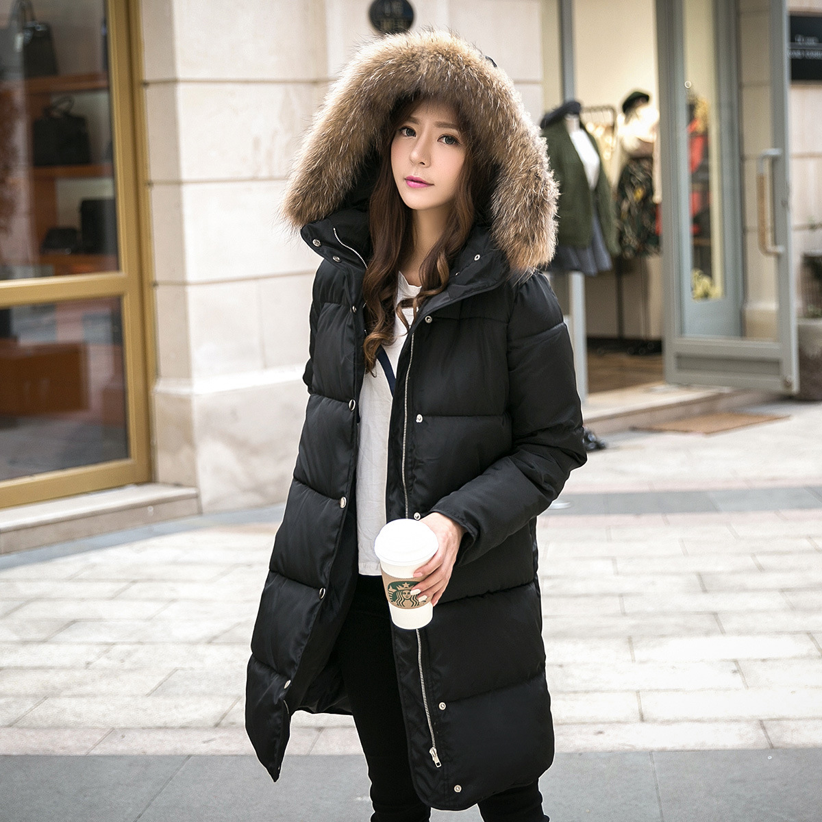 棉服女中长款韩版宽松加厚超大毛领冬装纯色韩国羽绒棉袄棉衣外套