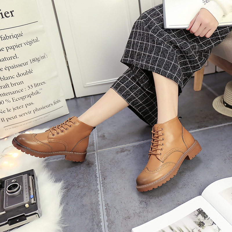 秋季新款休闲马丁靴短靴女系带中跟英伦风韩版中筒复古靴子潮