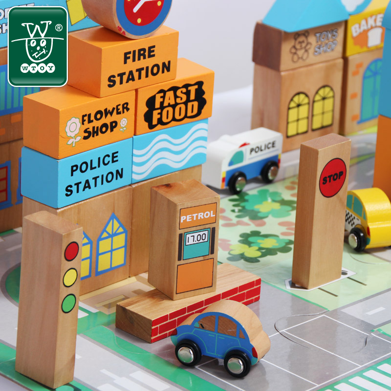 wtoy木制大块城市积木 木质交通小车积木拼图 宝宝儿童益智玩具
