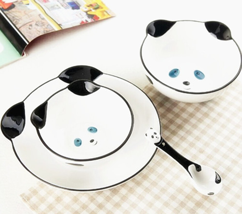 日式陶瓷儿童餐具可爱熊猫面碗盘子勺子礼品餐具套装3D手绘动物碗