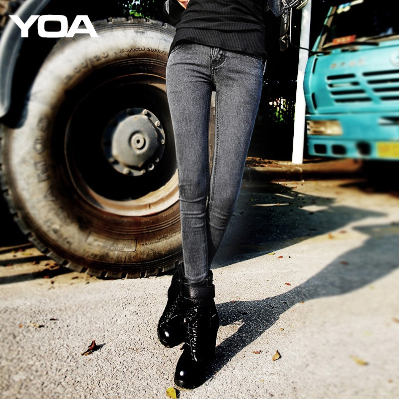 YOA弹力女裤2015潮女显瘦黑灰牛仔裤女韩版修身小脚裤 女秋装长裤