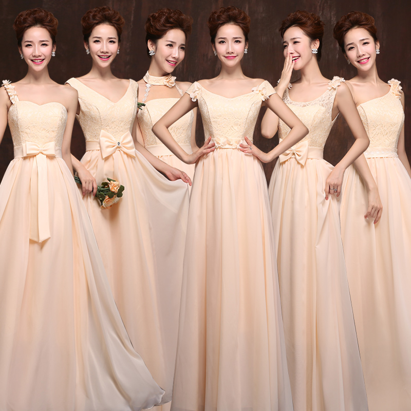 2016新款香槟伴娘服韩版春季绑带大码姐妹团长款年会演出晚礼服裙