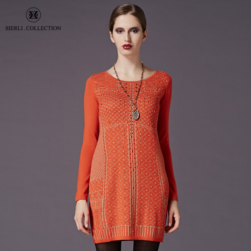 斯尔丽瑟俪 正品牌女冬新款几何图案拼接针织长袖连衣裙3D605折扣优惠信息
