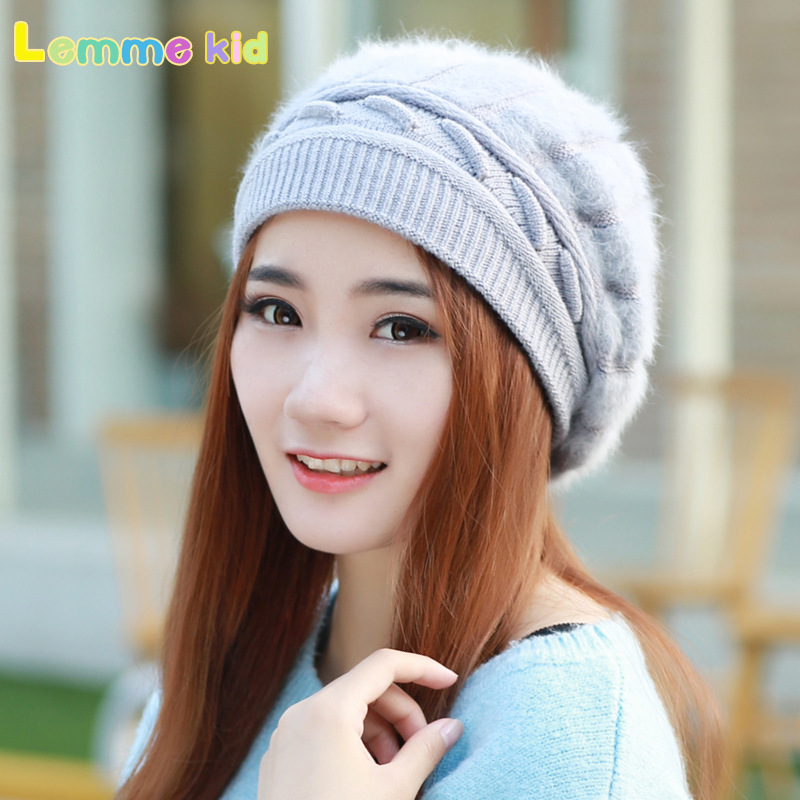 冬季时尚潮款保暖加厚兔毛贝雷帽 女士韩版护耳帽子毛线加绒纯色