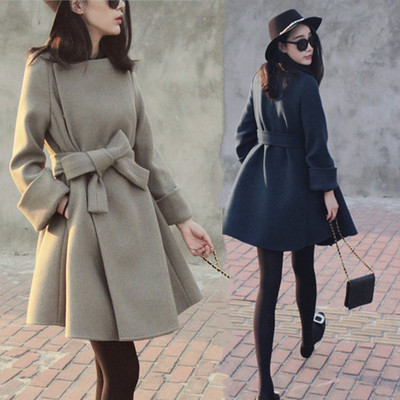 韩版羊毛2015秋冬新款修身显瘦收腰系带中长款呢子大衣女大牌新潮