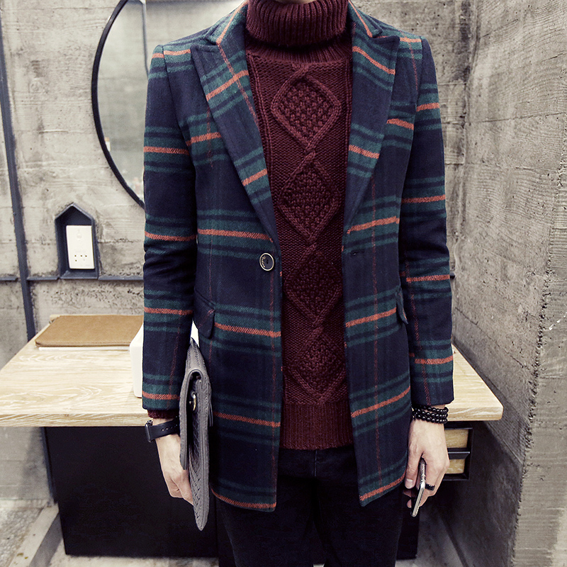 2015冬季时尚翻领呢大衣男士韩版修身中长款格子风衣外套折扣优惠信息