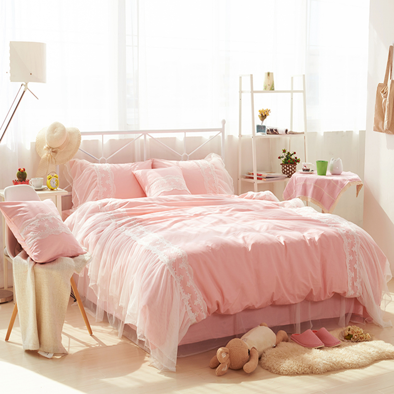 梦幻韩版 纯色蕾丝可爱单双人床上用品 床裙三四件套 全纯棉