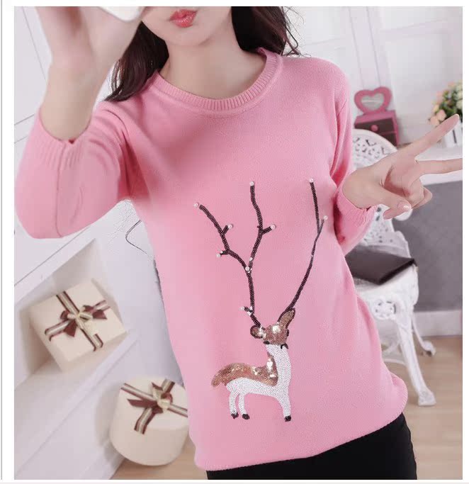 2015冬季韩版小鹿卡通图案套头针织衫 女式宽松显瘦百搭女式毛衣折扣优惠信息
