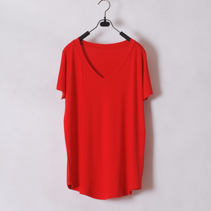 2016夏季女士宽松莫代尔新款韩版短袖红色V领T恤女装休闲大码上衣折扣优惠信息