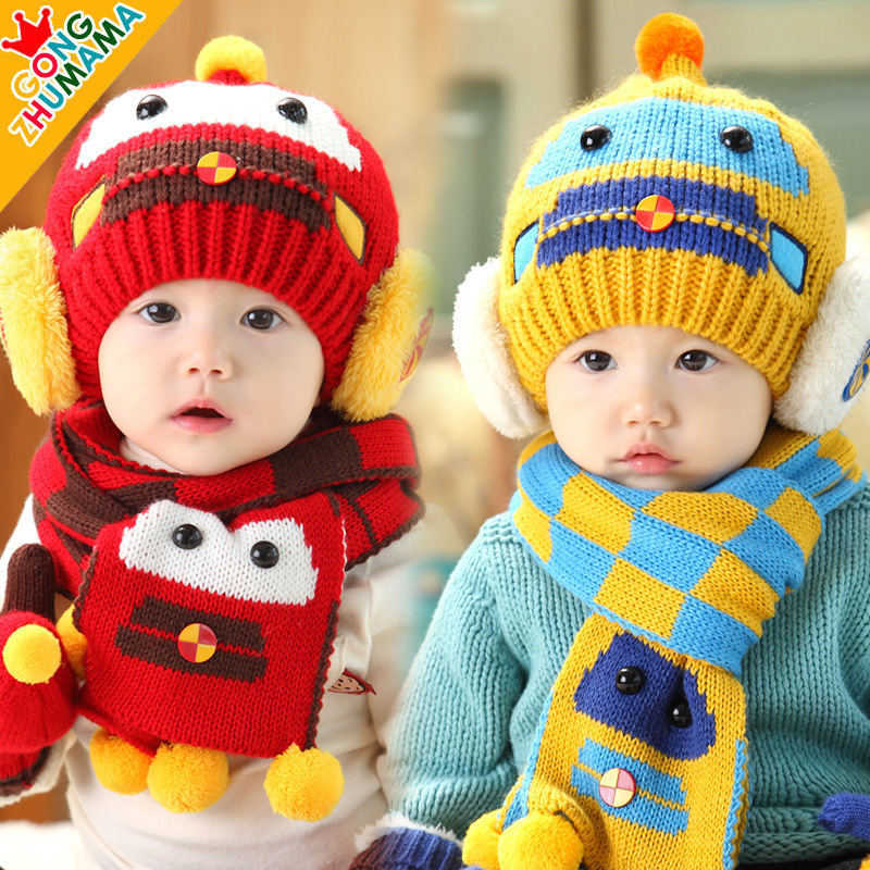 韩国男女宝宝婴儿帽子儿童帽子围巾秋冬变形金刚护耳帽围脖两件套