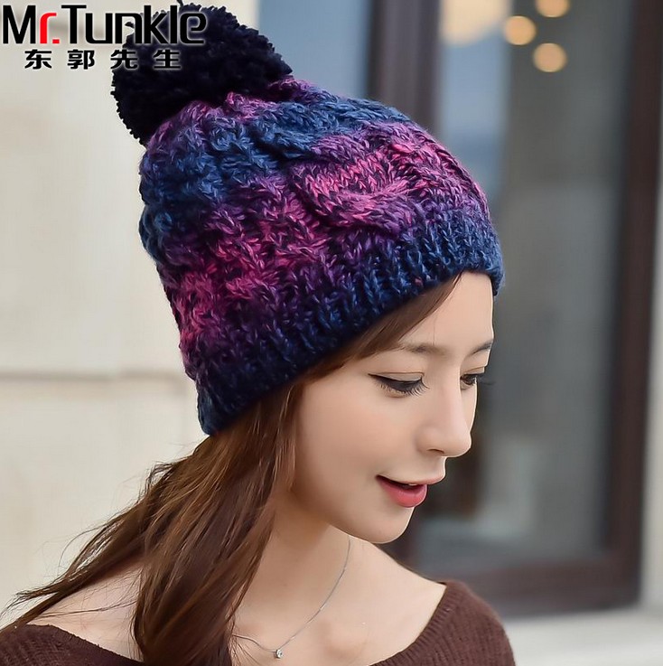 韩版新款时尚渐变色女士帽冬季保暖毛线帽加绒针织混色帽子