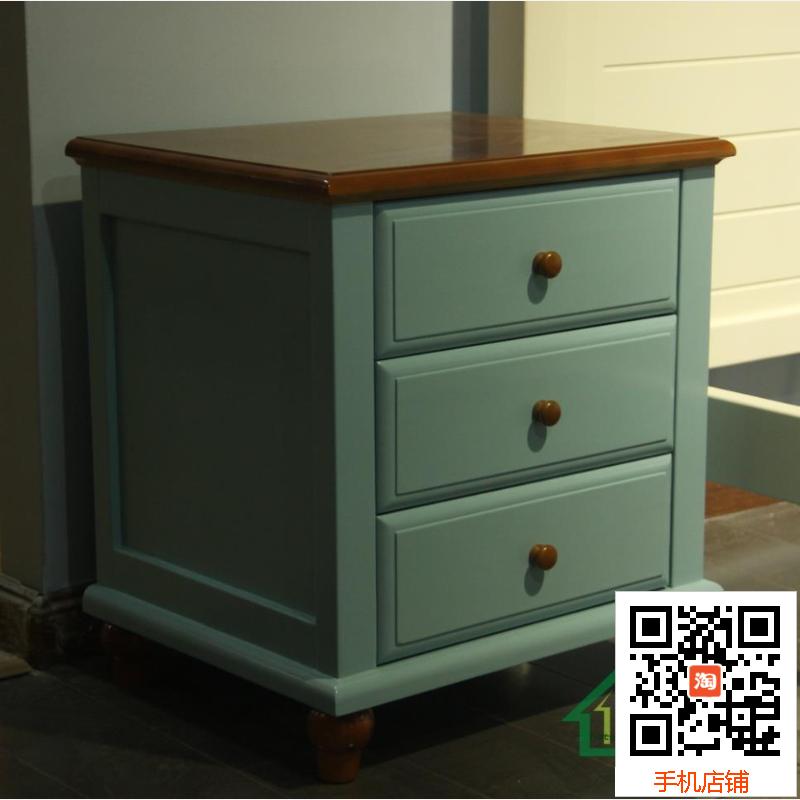韩式地中海床头柜 纯实木天蓝色储物柜 纯白色松木柜 卧室简约柜
