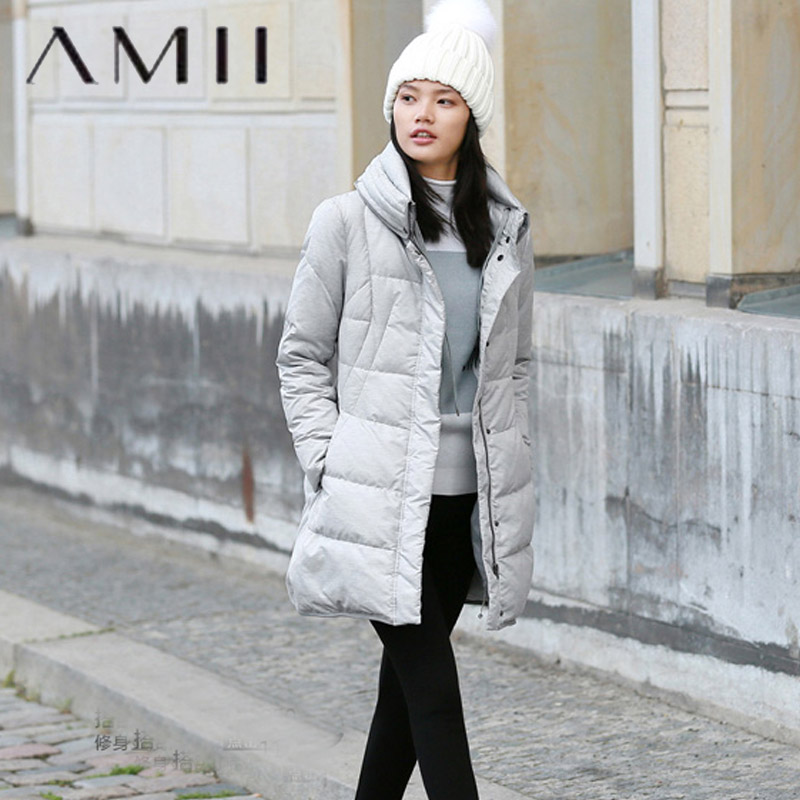 Amii极简2016冬新鹅绒A型修身显瘦纯色连帽大码加厚中长羽绒服女