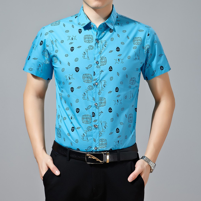 2016男式新款啄木鸟亮色不规则图形丝光棉休闲短袖衬衫 男士衬衫