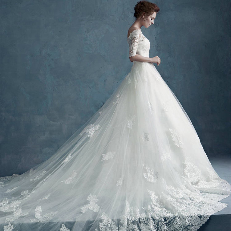 2015新款新娘婚纱 一字肩拖尾齐地显瘦复古简约蕾丝定制婚纱礼服