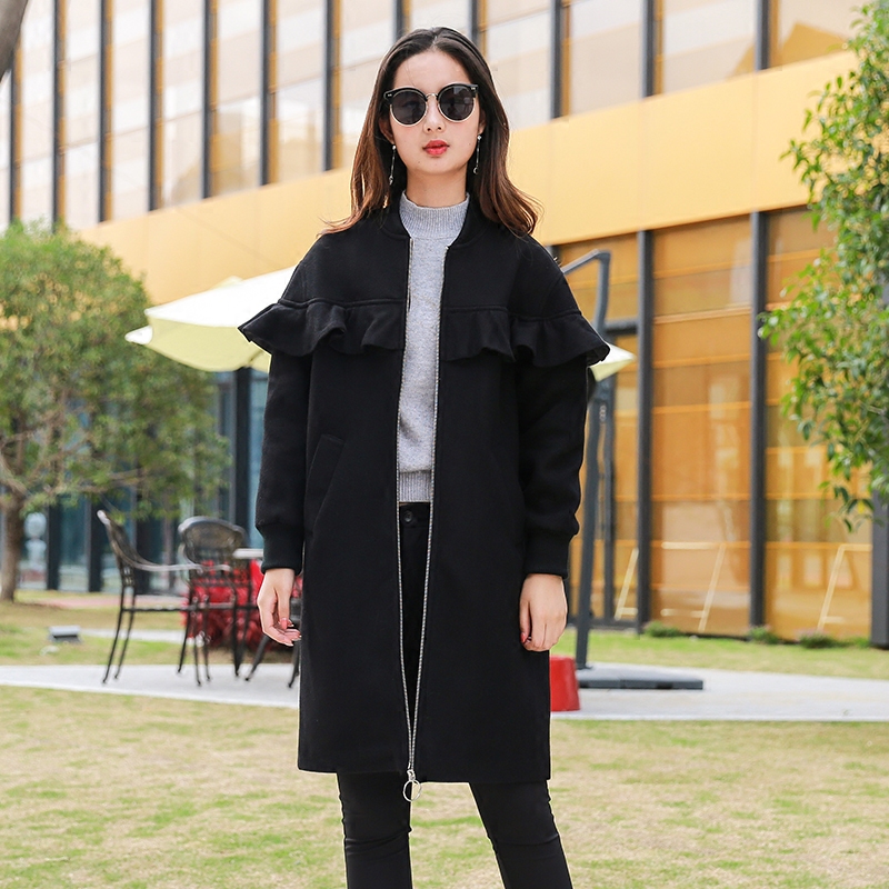 冬季新款2016韩版木耳边气质中长款毛呢外套女黑色羊毛呢子大衣潮
