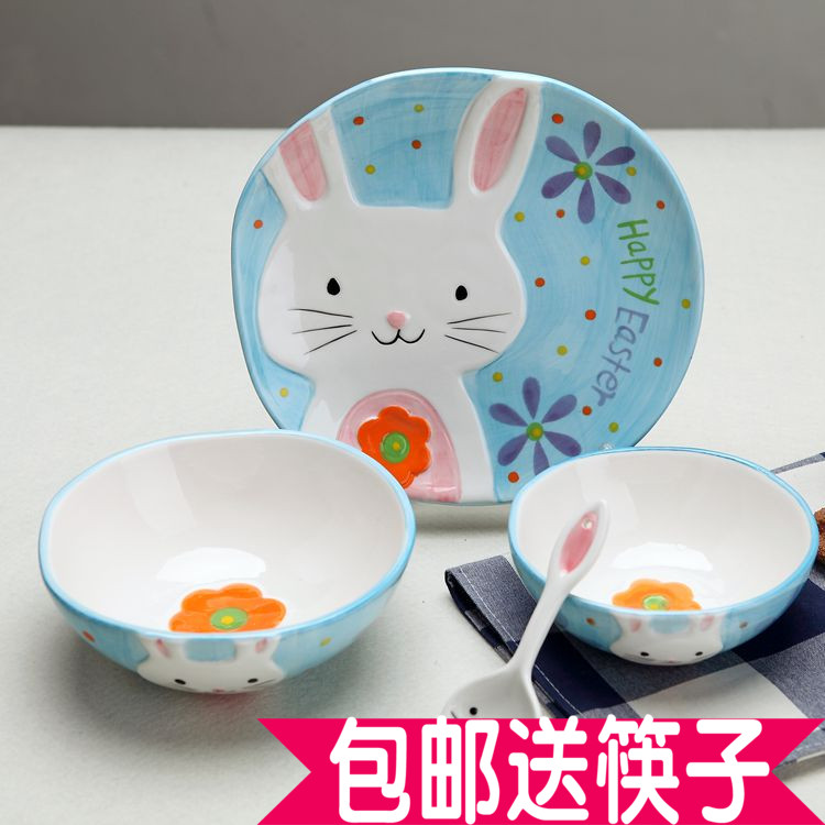 可爱儿童手绘动物餐具套装礼品创意碗盘子勺卡通系列陶瓷碗米饭碗折扣优惠信息