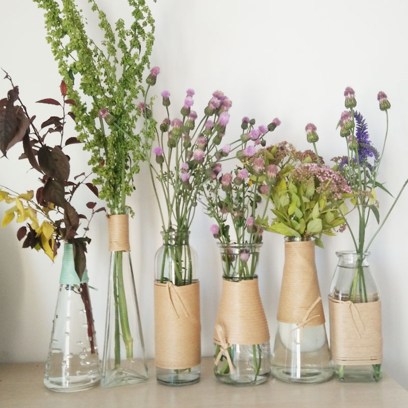 zakka日式简约手工麻绳创意玻璃花瓶桌面小花插花器干花植物瓶子