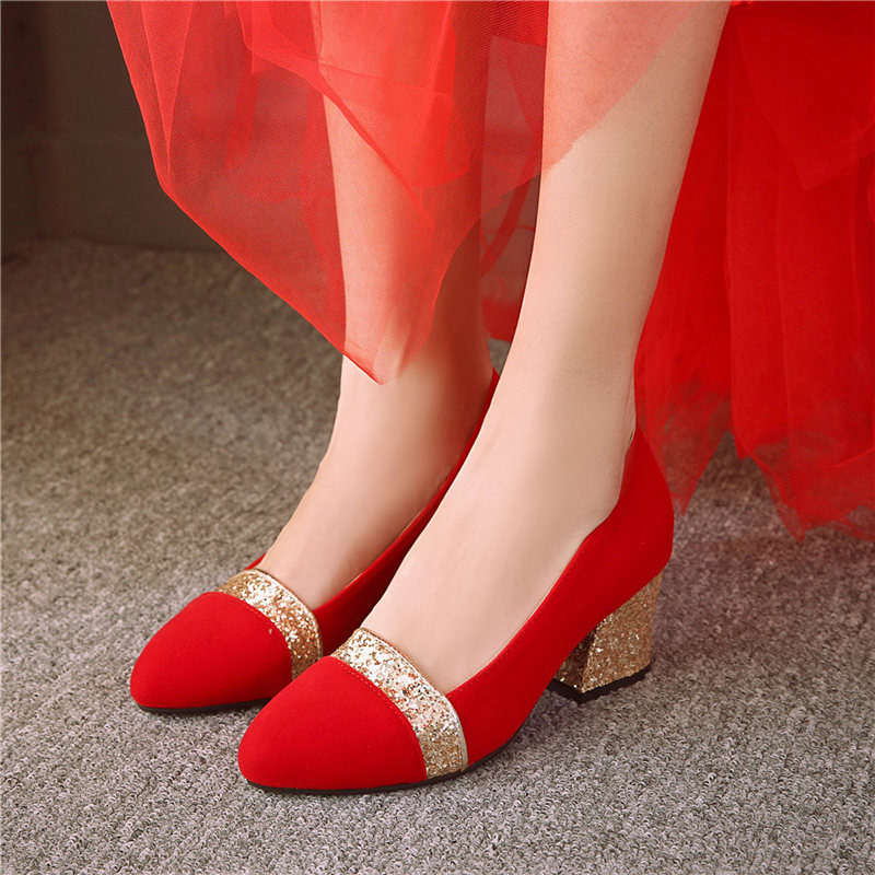 2016新款婚鞋红色春季新高跟娘鞋粗跟防水台婚礼婚纱鞋红色女单鞋