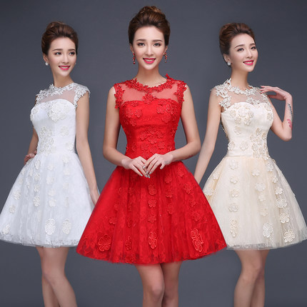 新款新娘礼服连衣裙宴会晚礼服2015夏装红色短款蕾丝敬酒服伴娘服