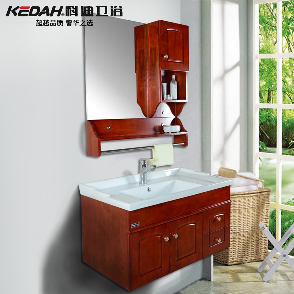 KEDAH科迪 简约现代浴室柜壁挂式橡木实木镜柜组合一体陶瓷面盆折扣优惠信息