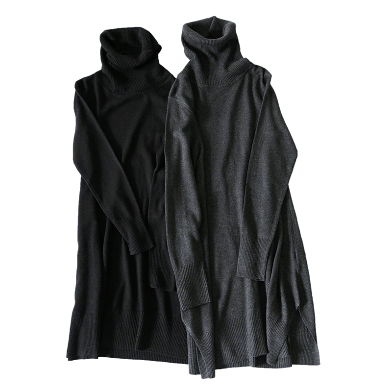 2015冬新款黑色深灰色基本款中长款开衩打底高领针织毛衣裙连衣裙