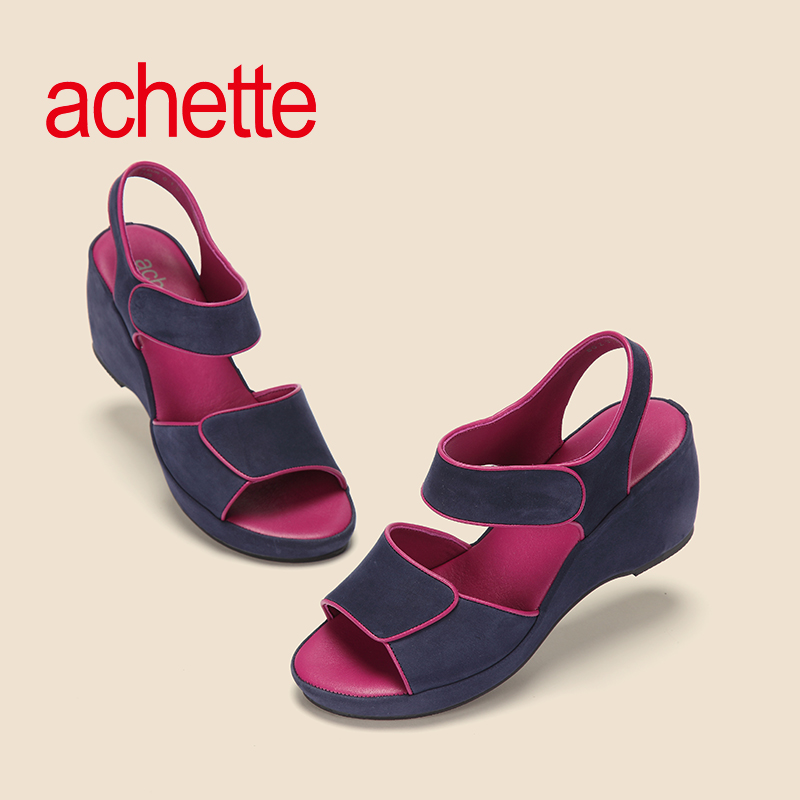 achette雅氏8GZ3 2015春夏新款纯色露趾魔术贴高跟坡跟凉鞋