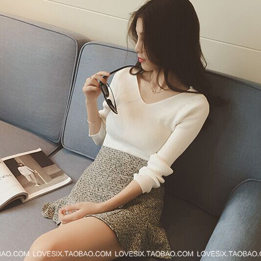 2015新款女装秋装韩版修身上衣针织衫显瘦女士V领长袖T恤打底衫潮