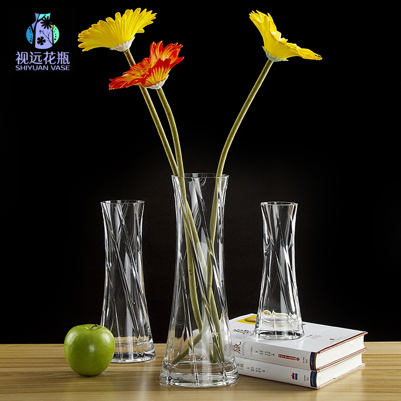 创意艺术玻璃花瓶透明纽纹扁形椭圆口鲜花水培花器客厅装饰品包邮折扣优惠信息