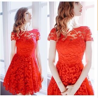 欧美热卖新款气质时尚圆领短袖蕾丝连衣裙红色
