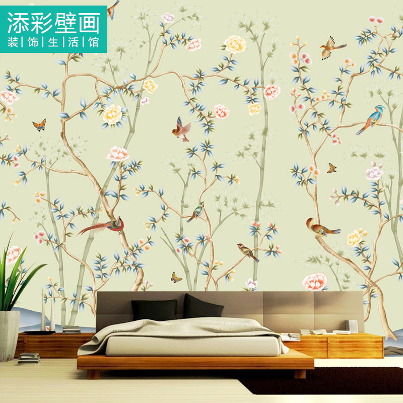 客厅沙发背景墙纸 花鸟树枝图案墙布壁纸 新中式卧室整幅壁画定制