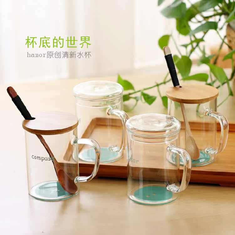 文艺小清新 耐热玻璃杯带盖 创意透明玻璃杯茶杯 玻璃马克杯水杯