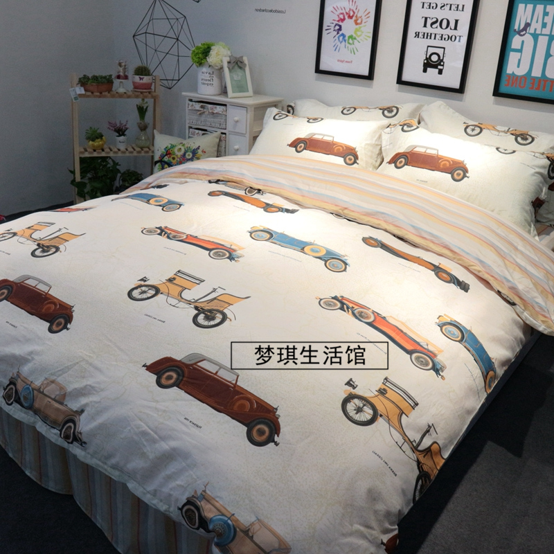 简约全棉卡通四件套可爱三件套 纯棉儿童床上用品小汽车世界1.5米