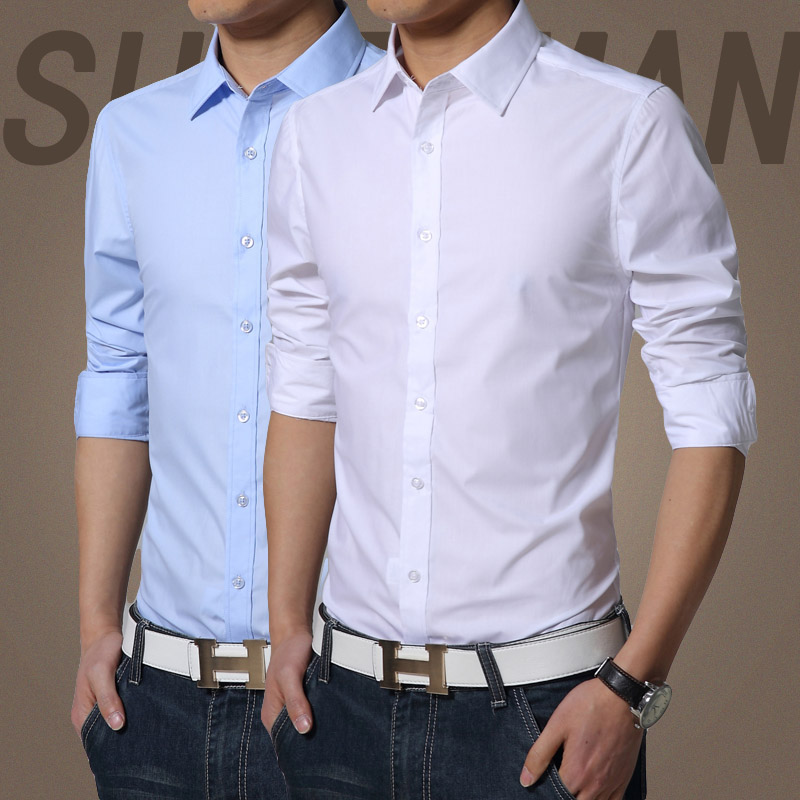 2016春秋韩版白衬衣男士长袖衬衫修身型纯色商务休闲青年寸衫薄款