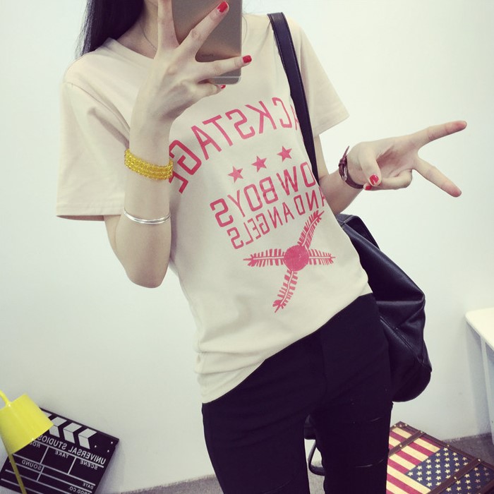 春夏季韩版2016新品女装宽松百搭字母印花圆领短袖上衣学生T恤 潮