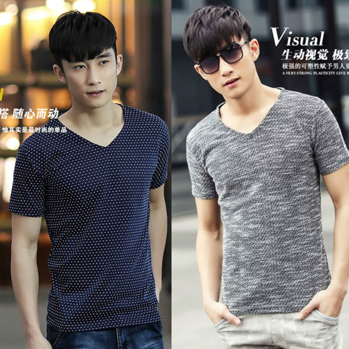 2015夏季新款男士短袖T恤v领韩版修身休闲体恤